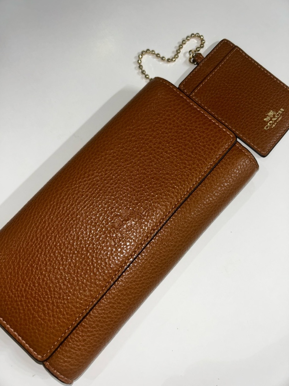 Coach Tan Brown Pebbled Leather Long Wallet with Removable ID Tag